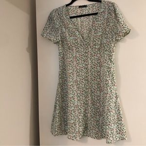 Light Green Floral V-neck Mini Dress Short Sleeve